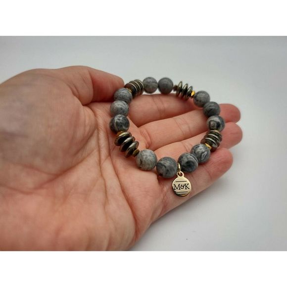 Lace Jasper Bracelet Grounding Stone Stretchy Signed Market & King 1406 - Picture 5 of 5